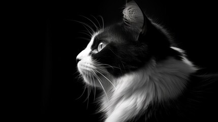 Poster - Elegant black and white portrait of a cat showcasing intricate fur details and expressive eyes against a dark background.