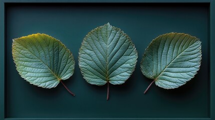 Poster - Mulberry leaves arranged artistically on a dark green background showcasing texture and depth in a low light setting