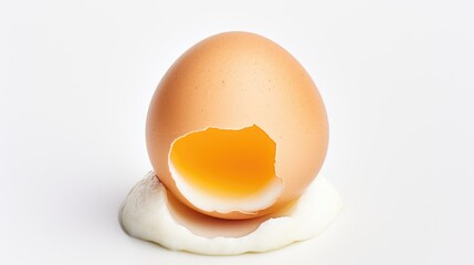 Poster - Broken chicken egg on a white background with yolk and egg white spilling out for culinary or food related themes