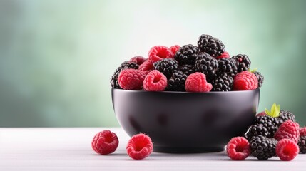Poster - Bowl of fresh blackberries and raspberries with blurred background showcasing vibrant fruits ideal for healthy lifestyle and food advertising