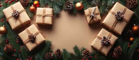 Aufkleber - Christmas gift boxes and decorations arranged in a flat lay style with pinecones and ornaments on a festive background