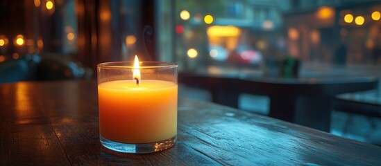 Aufkleber - Candle illuminating a cozy romantic ambiance in a softly lit cafÃ© setting during a rainy evening