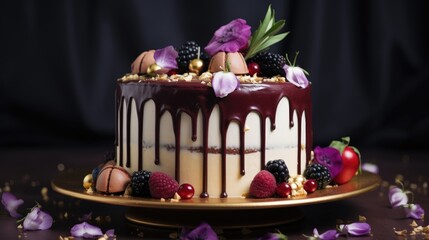 Poster - Decadent home-baked cake adorned with chocolate ganache seasonal fruits and flowers on a dark background in elegant presentation