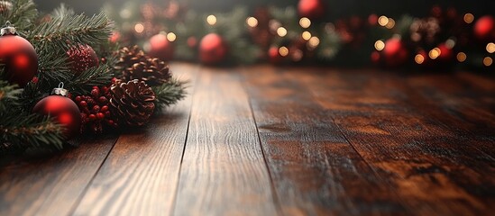 Poster - Festive Christmas Tree with Ornaments and Pinecones on Rustic Wooden Background Ideal for Holiday Greetings and Seasonal Promotions