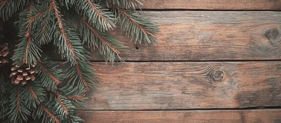 Aufkleber - Christmas themed rustic wood background with tree branches and pine cones creating a cozy seasonal atmosphere for text or graphics.