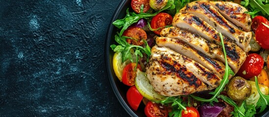Aufkleber - Grilled chicken breast served with a colorful medley of fresh vegetables on a black plate showcasing vibrant culinary presentation