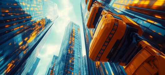 Poster - autonomous robots constructing futuristic skyscrapers in modern urban environment