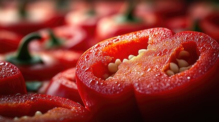 Canvas Print - Close up of split ripe red bell pepper showcasing seeds and vibrant texture in a fresh produce setting perfect for culinary themes