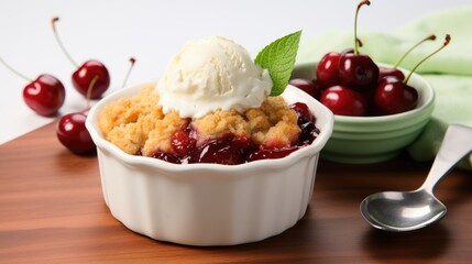 Poster - Cherry cobbler served in a bowl with ice cream and a green napkin on a rustic wooden table with fresh cherries nearby