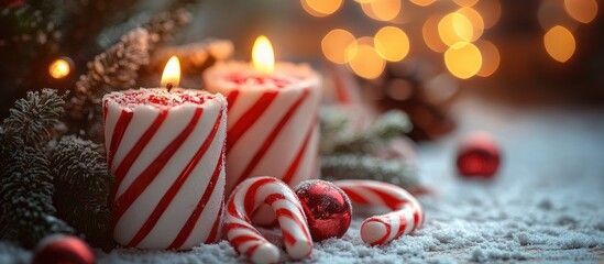 Poster - Festive Christmas decor featuring striped candles and candy canes against a blurred bokeh background with holiday ornaments and snow.