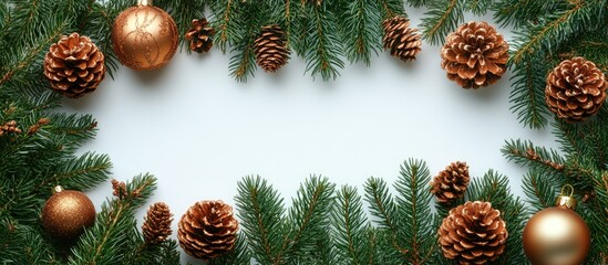Poster - Festive Christmas composition with fir branches ornaments and pine cones arranged on a white background creating a seasonal holiday atmosphere