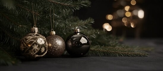 Leinwandbilder - Elegant Christmas Ornaments with Fir Branches on a Dark Background for Holiday Decoration and Festive Atmosphere