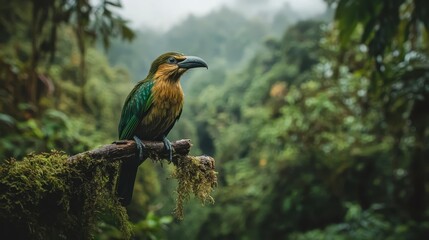 Aufkleber - A vibrant bird perched on a moss-covered branch, surrounded by lush greenery in a misty forest setting.