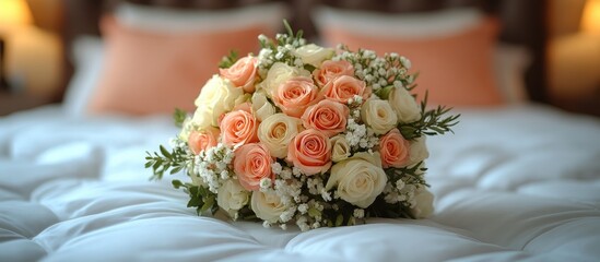 Aufkleber - Elegant wedding bouquet and matching boutonniere delicately arranged on a plush bedspread creating a romantic atmosphere.