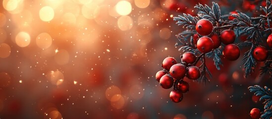 Aufkleber - Festive blurred background with Christmas berries and sparkling lights for holiday themed designs and decoration concepts