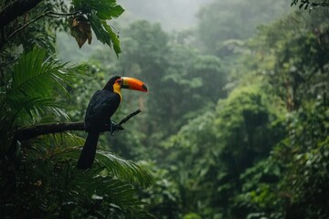 Aufkleber - A vibrant toucan perched on a branch amidst lush green foliage in a misty rainforest setting.