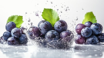 Poster - Black grapes with green leaves splashing in water isolated on a light background showcasing freshness and vibrant colors.