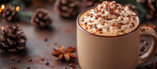 Poster - Cozy Christmas hot beverage with whipped cream and chocolate topping surrounded by festive decorations and pine cones