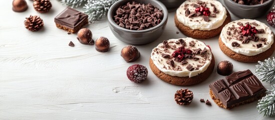 Poster - Festive Christmas homemade cookies with chocolate and decorations on a white wooden surface surrounded by holiday treats and pinecones