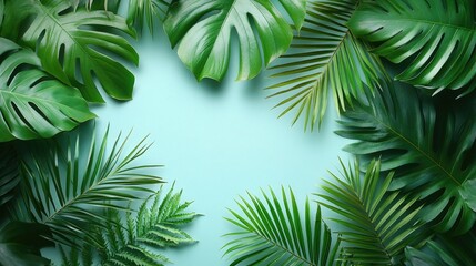 Poster - Lush green palm leaves framing a soft pastel background with ample empty space for creative text or graphic elements
