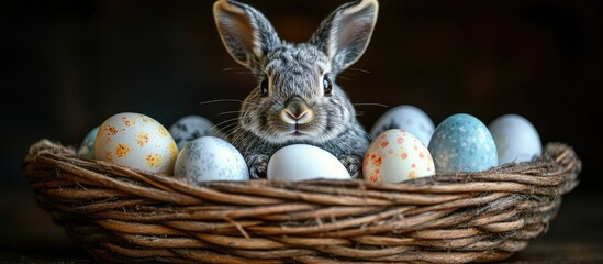 Aufkleber - Black rabbit in a basket with colorful Easter eggs symbolizing spring traditions and festive celebrations of the holiday season