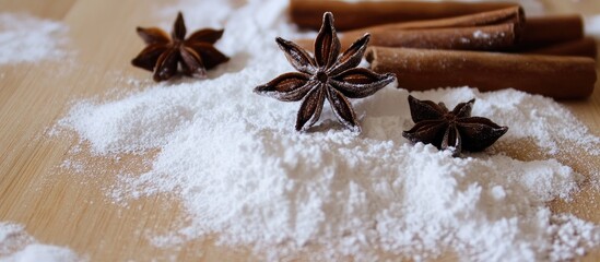 Poster - Cinnamon star anise and powdered sugar create a festive Christmas decoration on a wooden surface
