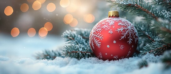 Poster - Red Christmas ball nestled in snow-covered tree branches with soft bokeh lights creating a festive winter atmosphere