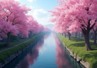 Wall Mural - Cherry blossom trees lining a tranquil river in springtime