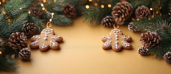 Poster - Gingerbread cookie decorations with pinecones and festive lights creating a warm winter holiday ambiance for New Year celebrations