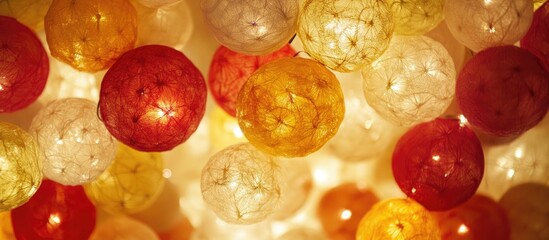 Leinwandbilder - Vibrant close-up of decorative light balls in red, yellow, and gold illuminating a festive atmosphere with a warm glowing effect.