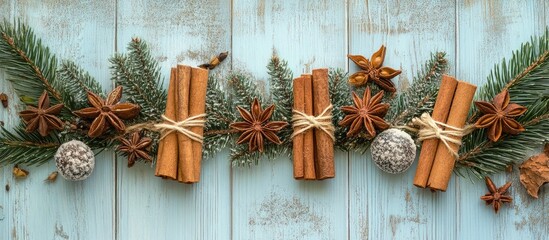 Poster - Cinnamon sticks and festive decorations arranged on rustic wooden background for seasonal or holiday themed imagery