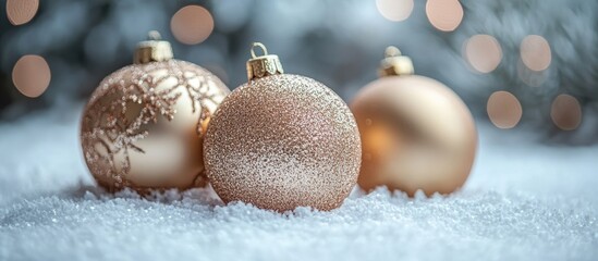 Poster - Vintage style Christmas ornaments on a snowy background with soft focus bokeh lighting creating a festive atmosphere for holiday decor.