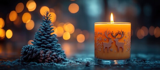 Poster - Candle with reindeers and tree on rustic table with colorful lights blurred in background space for text holiday greetings
