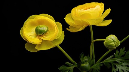 Poster - Vibrant yellow Ranunculus flowers against a black background showcasing their delicate petals and lush greenery in an elegant portrait setting