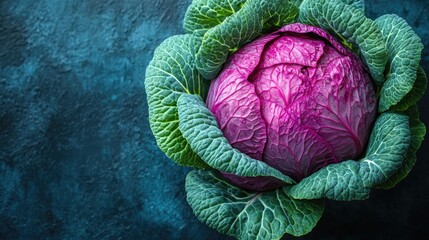 Aufkleber - Freshly harvested purple cabbage with vibrant green leaves arranged beautifully on a textured dark background showcasing its natural colors.