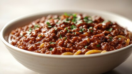 Aufkleber - Bolognese sauce in a white bowl with garnish on a soft textured surface illuminated by soft lighting for culinary presentation