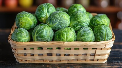 Poster - Fresh Brussels sprouts in a woven basket on a wooden surface with a soft focus background, showcasing vibrant green colors and reflections.