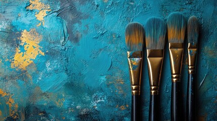 Poster - Artistic paintbrushes on textured turquoise background ideal for creative projects and artistic inspiration.