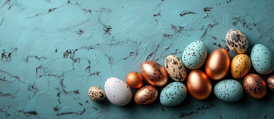 Poster - Easter holiday backdrop with decorative copper and quail eggs on a textured turquoise background featuring ample copy space for text