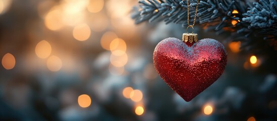 Poster - Bronze red heart shaped Christmas ornament hanging on tree branch with blurred bokeh lights in background creating a festive atmosphere