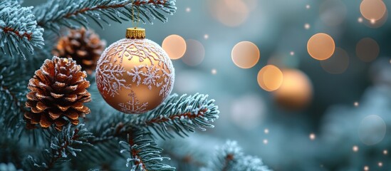 Aufkleber - Frosty fir tree adorned with a golden Christmas ball and pine cones creating a magical winter holiday atmosphere