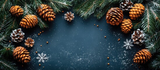 Poster - Christmas and New Year Typography on Dark Festive Backdrop with Pinecones Snowflakes and Evergreen Branches Overhead Flat Lay Design