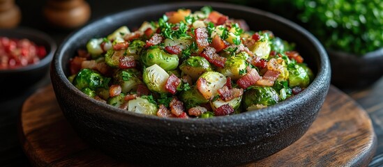 Poster - Shaved Brussels sprouts with crispy bacon and fresh herbs served in a rustic bowl perfect for appetizers or side dishes