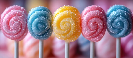Aufkleber - Colorful swirled lollipops in pastel hues with sugar coating arranged on display for festive candy-themed background or celebration decoration