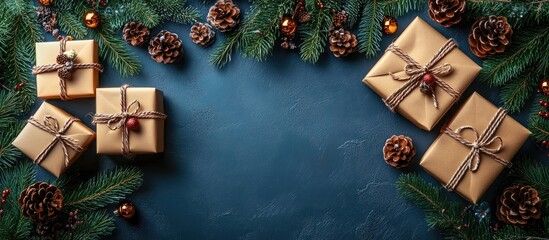 Poster - Christmas gift boxes arranged on a grey background with fir branches pinecones and a blank tag for personalization or text space