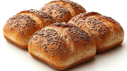 Poster - Artisan bread rolls topped with sunflower seeds and caraway displayed on a clean white background