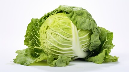 Poster - Fresh green cabbage on a clean white background highlighting its vibrant color and texture ideal for healthy food concepts.