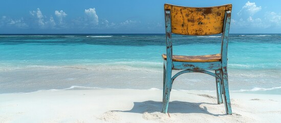 Poster - Rustic chair facing the ocean on a sandy beach under a clear blue sky inviting relaxation and tranquility.