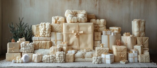 Leinwandbilder - Handmade Christmas Backdrop with Elegant Wrapped Gift Boxes in Soft Neutral Tones