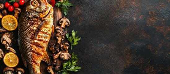 Aufkleber - Roasted whole carp with mushrooms and vegetables on a dark background for festive culinary concepts with space for text